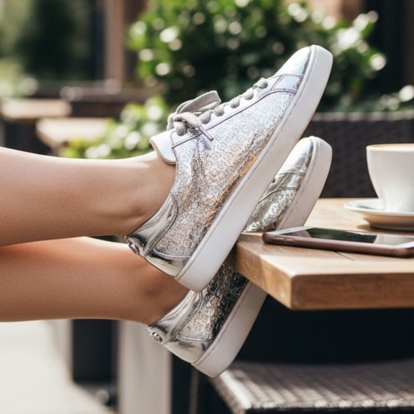 MICHAEL KORS Size 7 Silver Mirror Logo Print Lace Up Fashion Sneakers R $99 - Picture 1 of 14